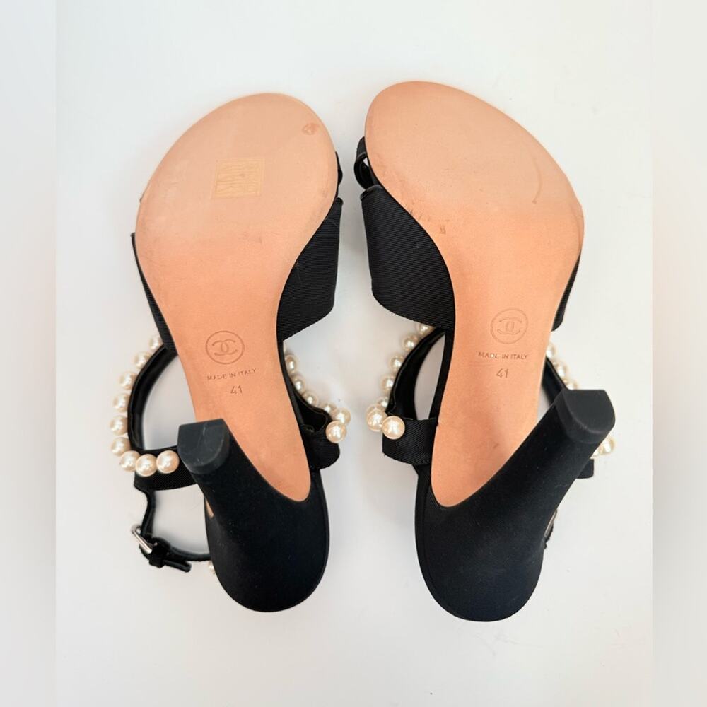 Chanel Black Grosgrain Pearl Slingback Heels Sandals CC Logo EU 41 - Picture 8 of 11